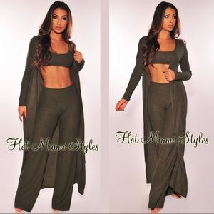 Matching Knit Olive Pants Set with Duster Coat - S